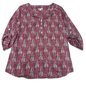Croft & Barrow Pink Paisley Roll Tab Sleeve Button Front Blouse Size M